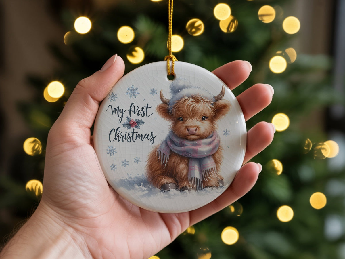 My First Christmas Highland Cow hanging decoration in standard