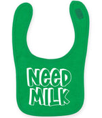 Baby piece of the Need a Drink Matching Set - Adult T-Shirt & Baby Bib with Coordinated Text Designs in Kelly Green
