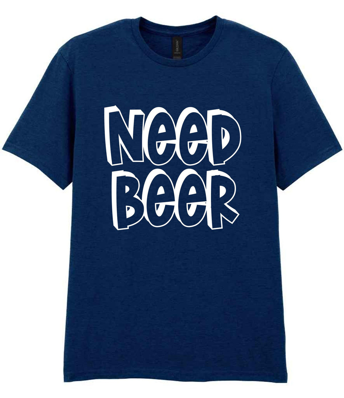Adult piece of the Need a Drink Matching Set - Adult T-Shirt & Baby Bib with Coordinated Text Designs in Navy