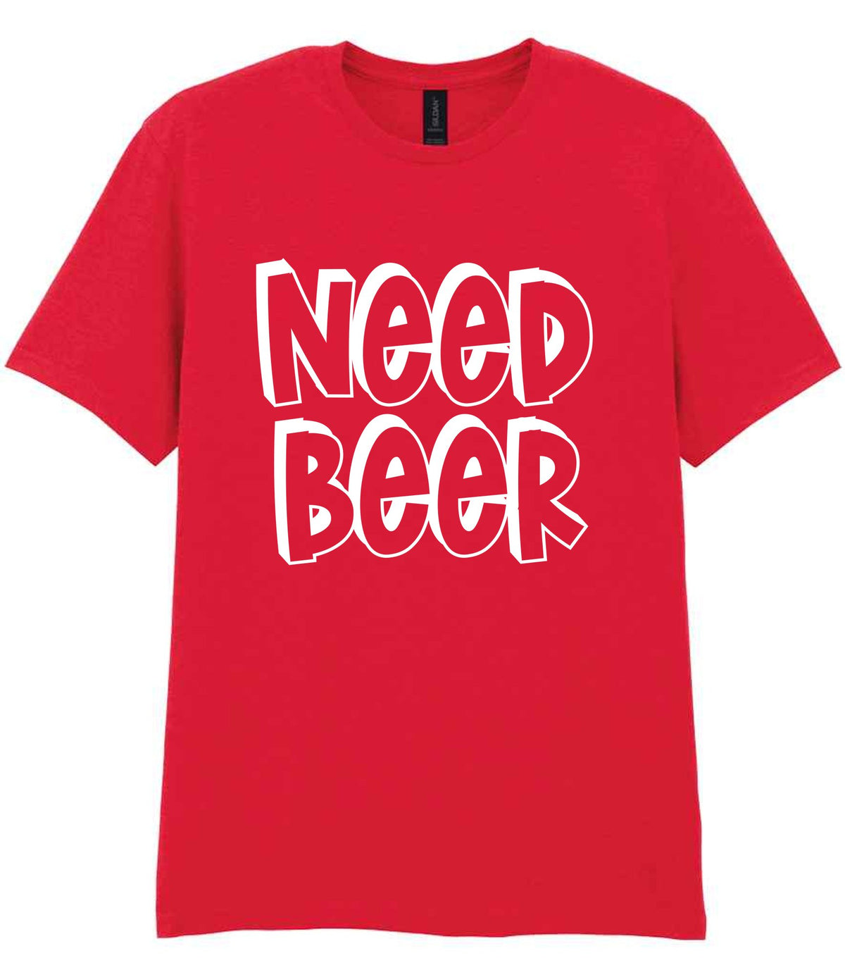 Adult piece of the Need a Drink Matching Set - Adult T-Shirt & Baby Bib with Coordinated Text Designs in Red