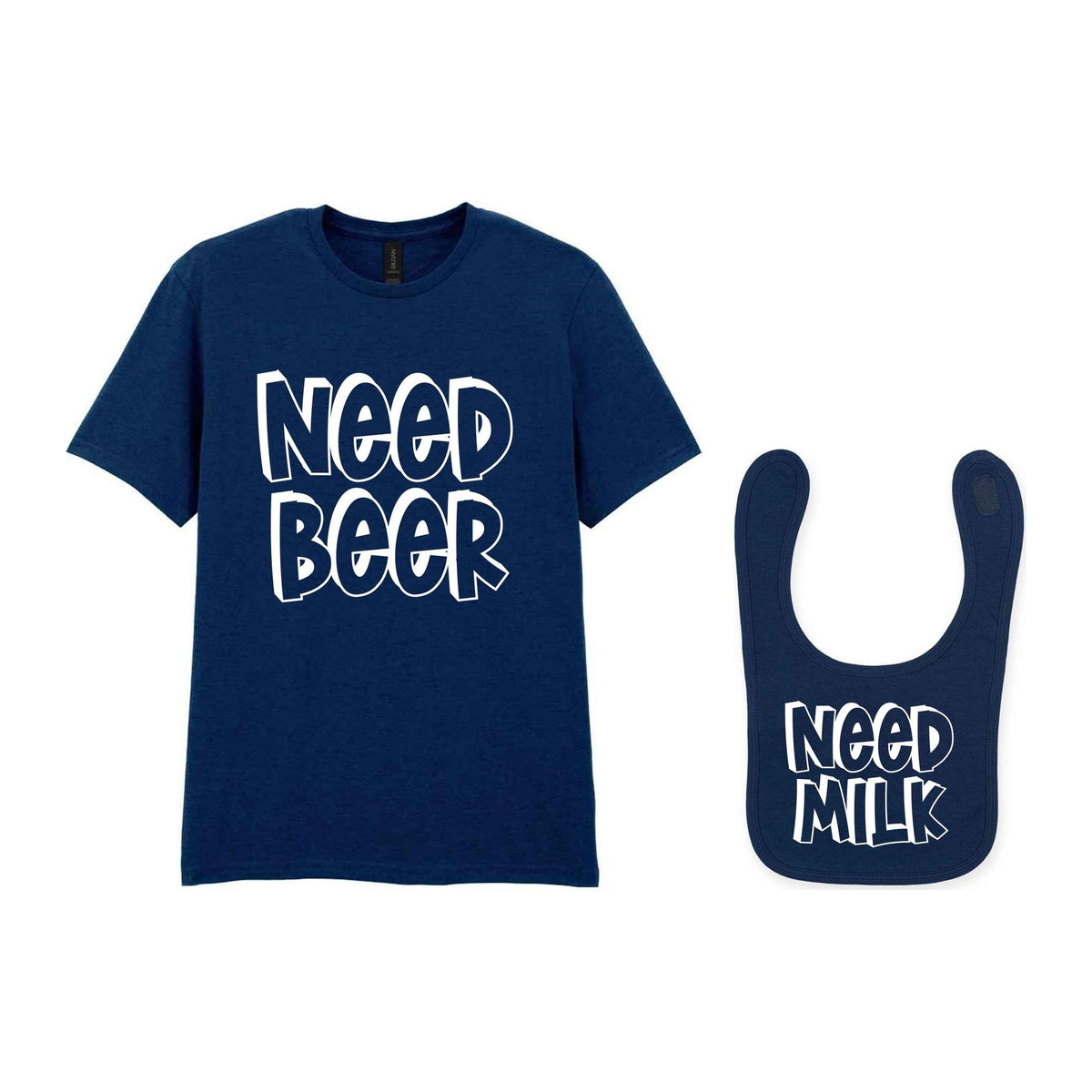 Need a Drink Matching Set - Adult T-Shirt & Baby Bib with Coordinated Text Designs in Navy