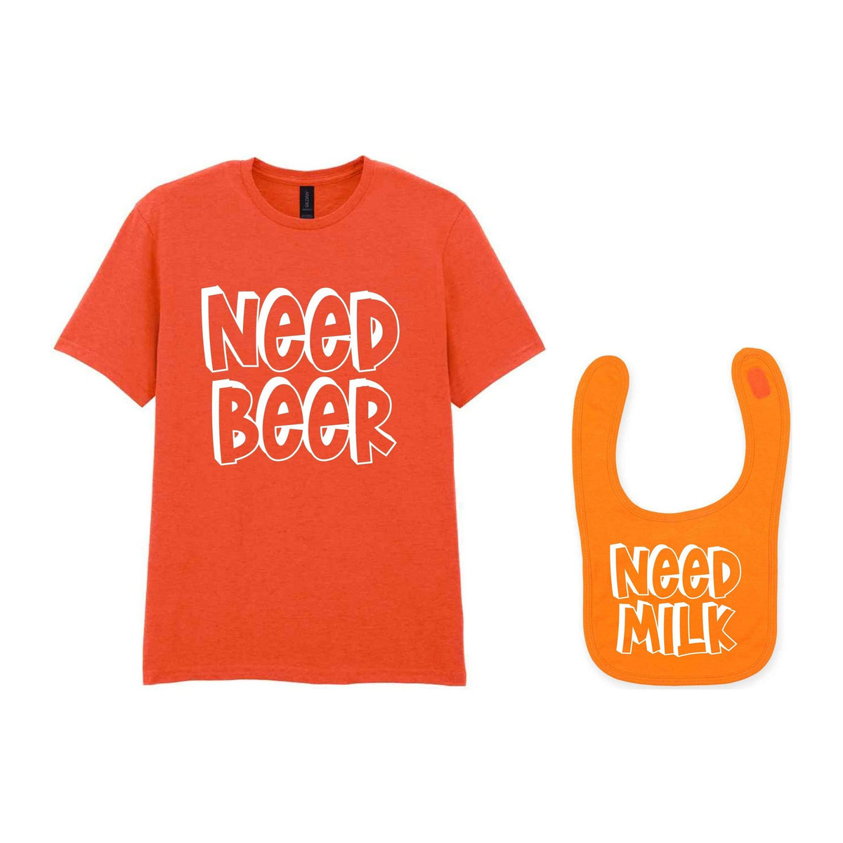 Need a Drink Matching Set - Adult T-Shirt & Baby Bib with Coordinated Text Designs in Orange