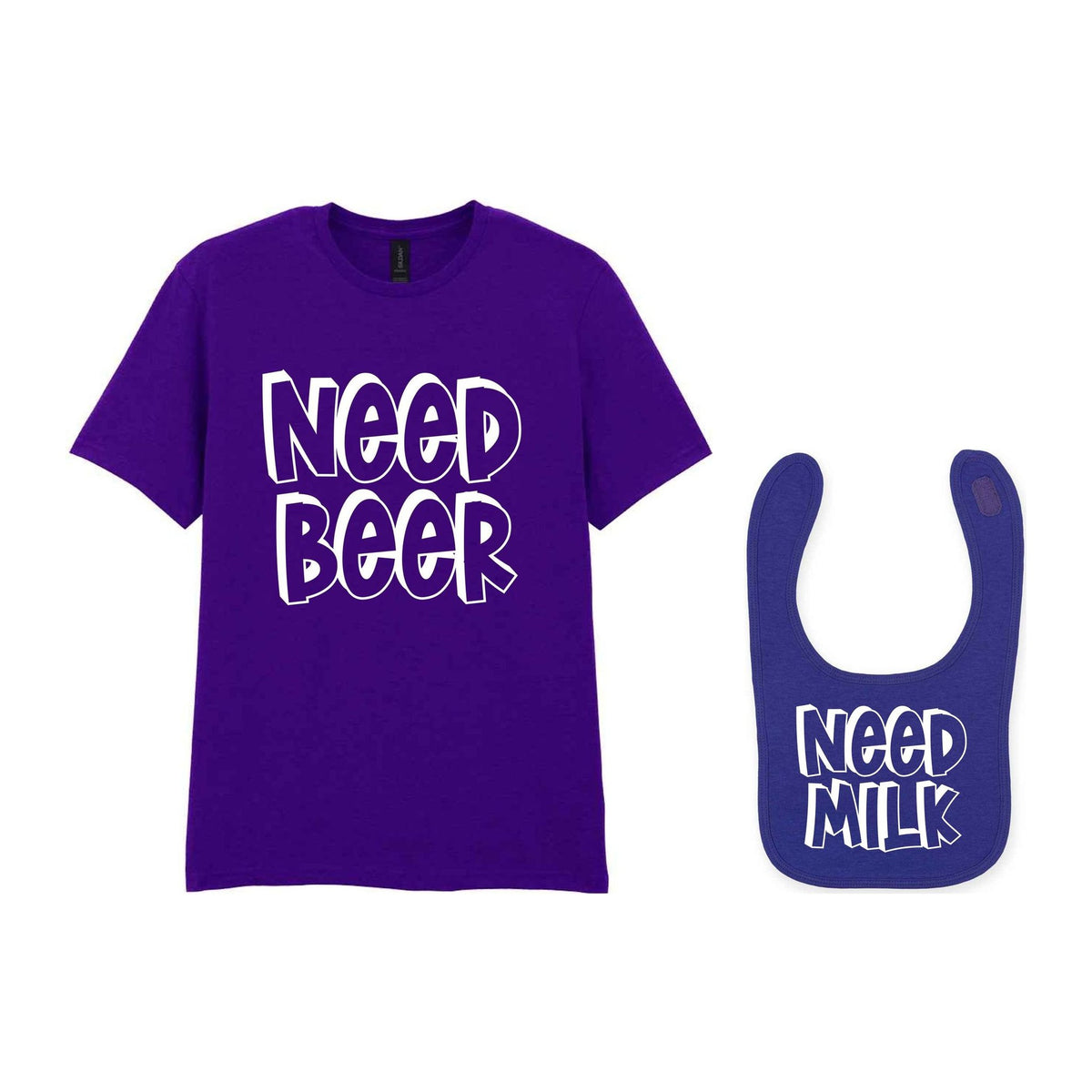 Need a Drink Matching Set - Adult T-Shirt & Baby Bib with Coordinated Text Designs in Purple