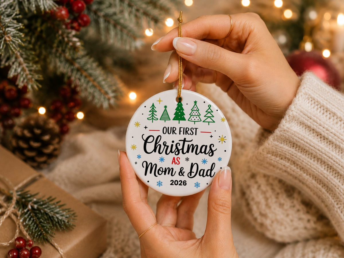 OUR FIRST Christmas AS Mom & Dad – Ceramic Hanging Decoration, personalised with your own text