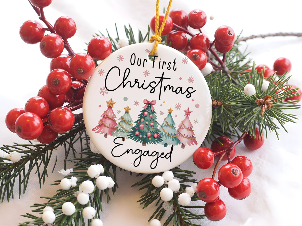 Our First Christmas Engaged 2025 hanging decoration in standard
