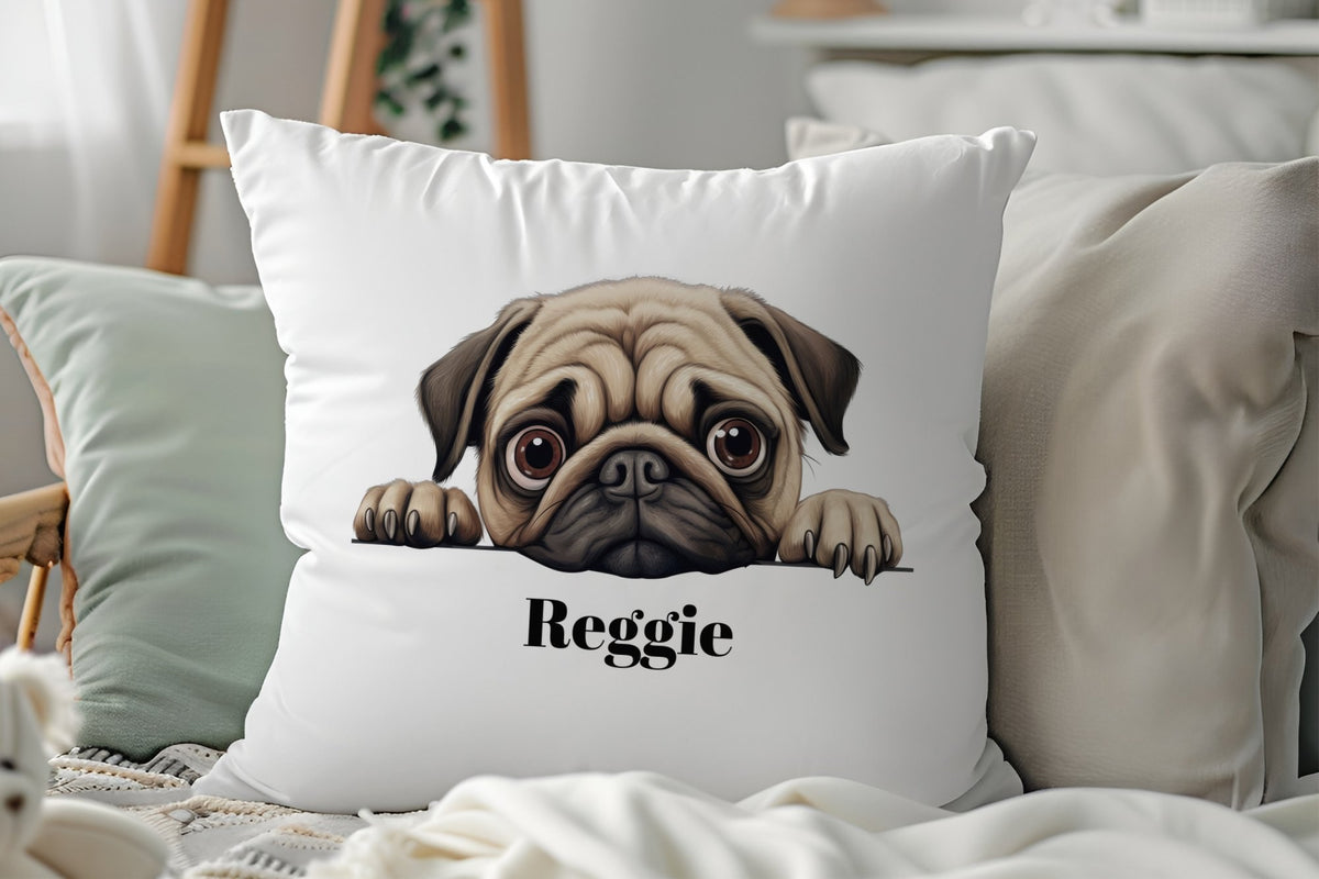 Customisable Pug Face – Cushion, personalised with your own text