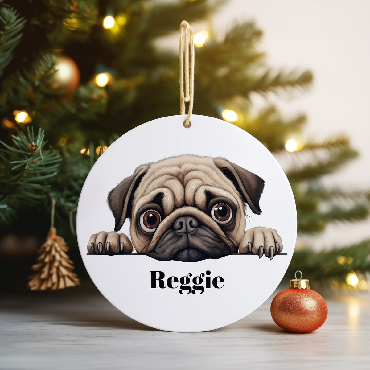 Customisable Pug Face – Ceramic Hanging Decoration, personalised with your own text
