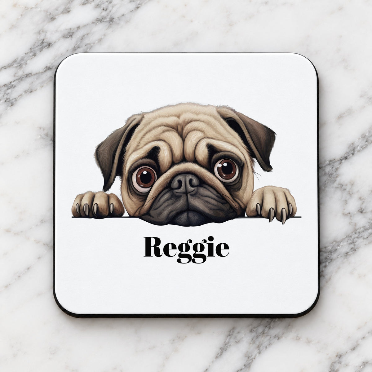 Customisable Pug Face – Coaster, personalised with your own text