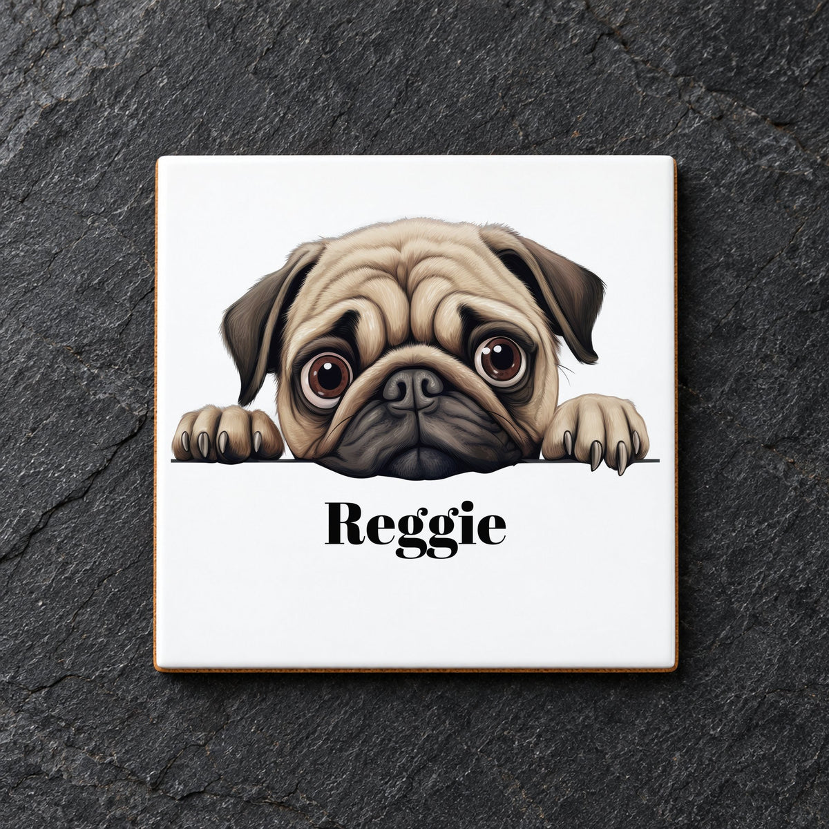 Customisable Pug Face – Ceramic Coaster, personalised with your own text