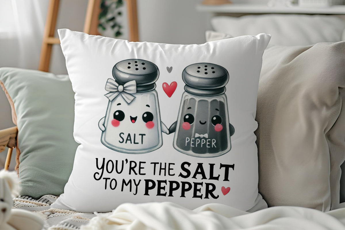 Salt Pepper You're the Salt to My Pepper cushion in white