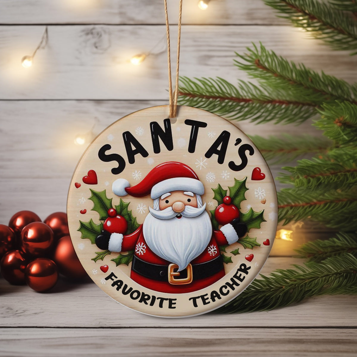 Santa's Favorite Teacher ceramic hanging decoration in standard