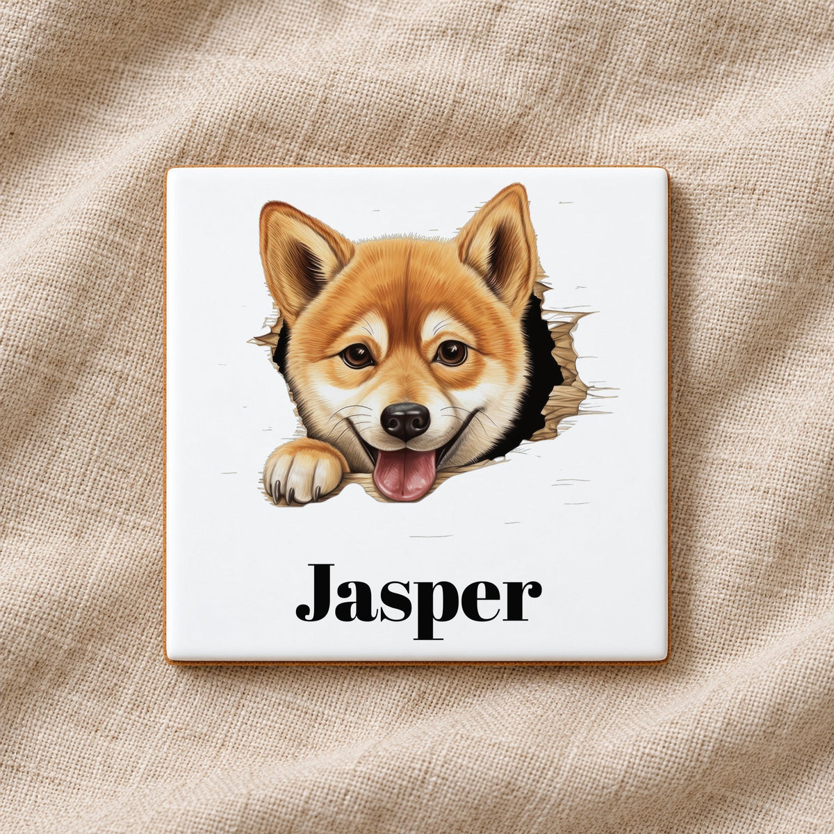 Customisable Shiba Inu Peeking – Ceramic Coaster, personalised with your own text
