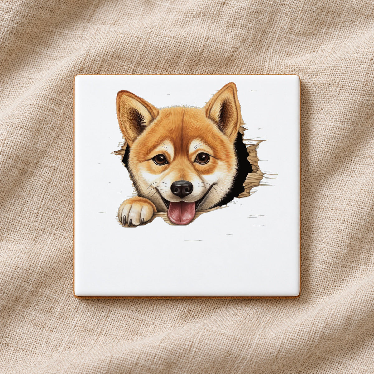 Shiba Inu Peeking ceramic coaster in white