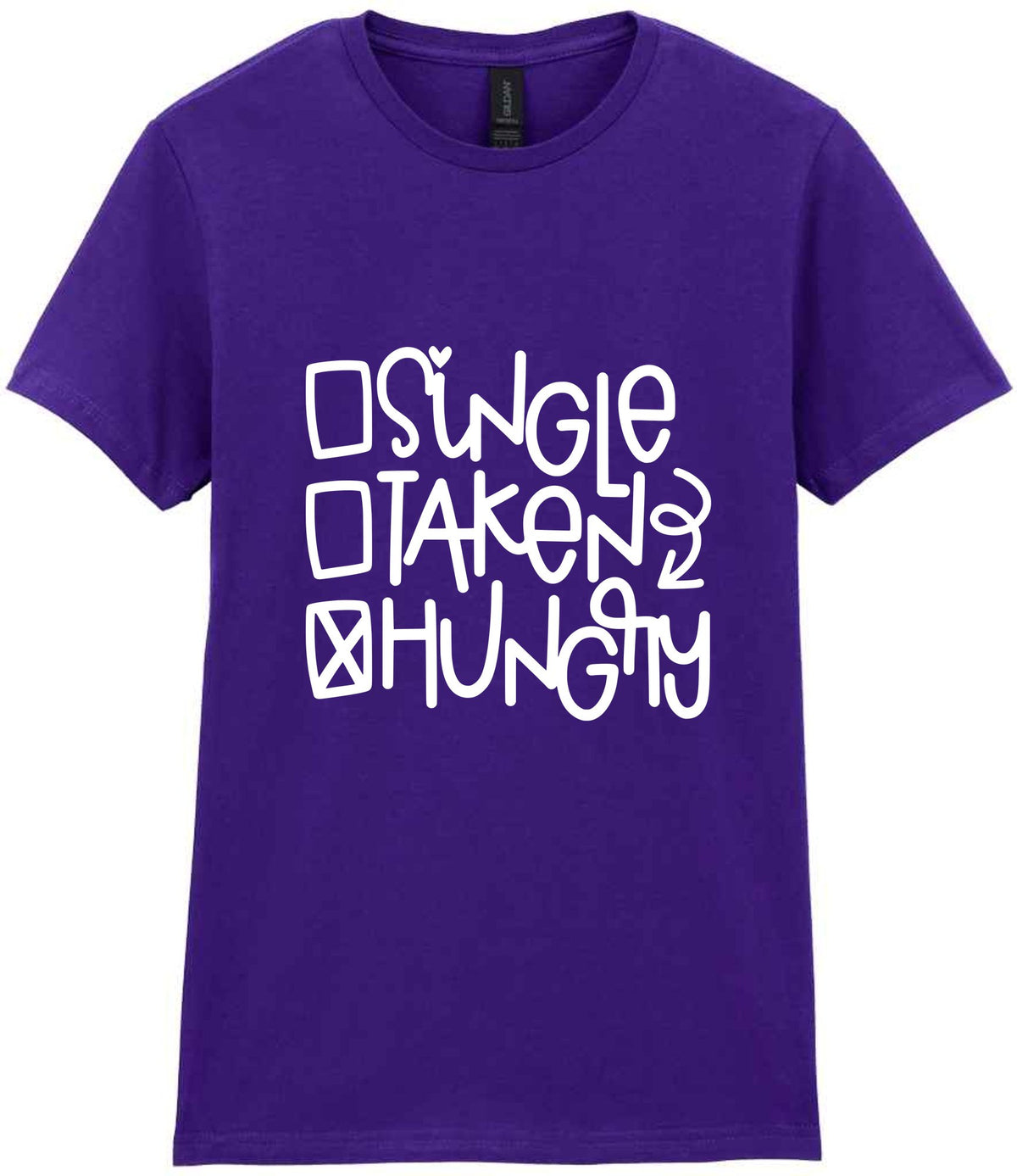 ☐ Single ☐ Taken ☒ Hungry t-shirt in purple