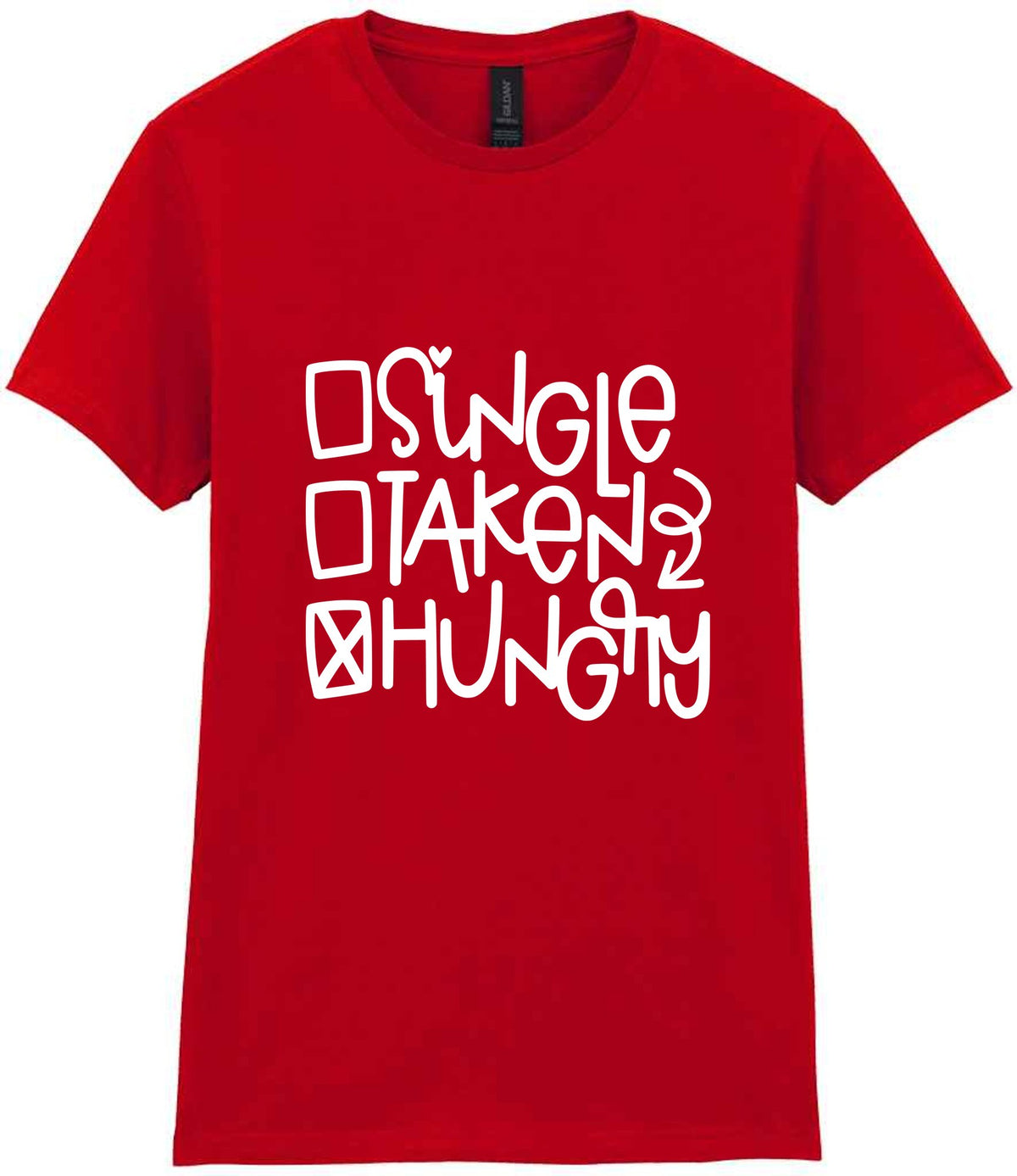 ☐ Single ☐ Taken ☒ Hungry t-shirt in red