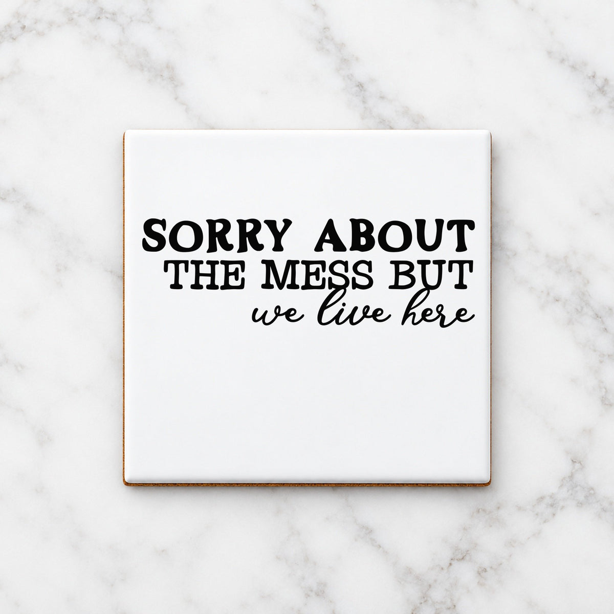 SORRY ABOUT THE MESS BUT We Live Here ceramic coaster in white