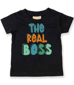 Baby piece of the The Boss Matching Set with Adult T-Shirt, Baby Tee & Bib – Family Matching Outfits in Black