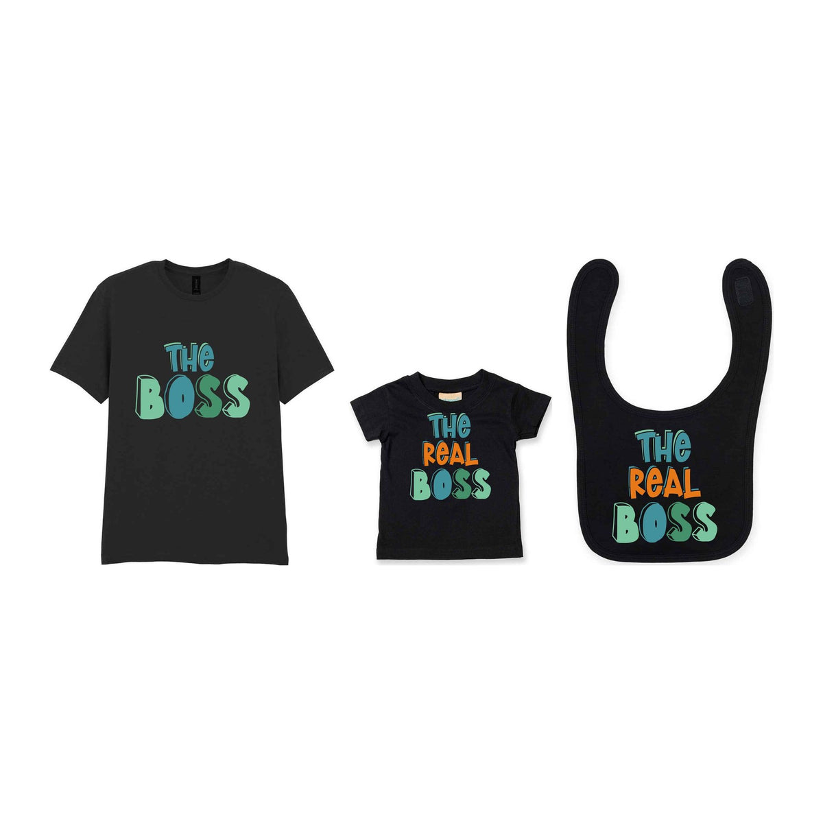 The Boss Matching Set with Adult T-Shirt, Baby Tee & Bib – Family Matching Outfits in Black