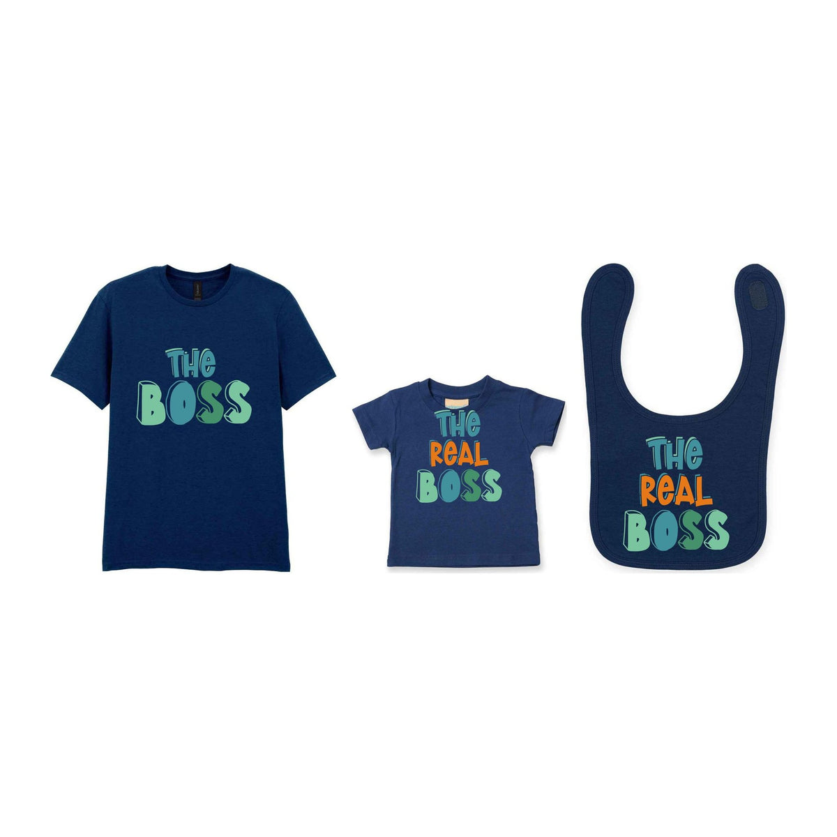 The Boss Matching Set with Adult T-Shirt, Baby Tee & Bib – Family Matching Outfits in Navy