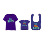 The Boss Matching Set with Adult T-Shirt, Baby Tee & Bib – Family Matching Outfits in Purple