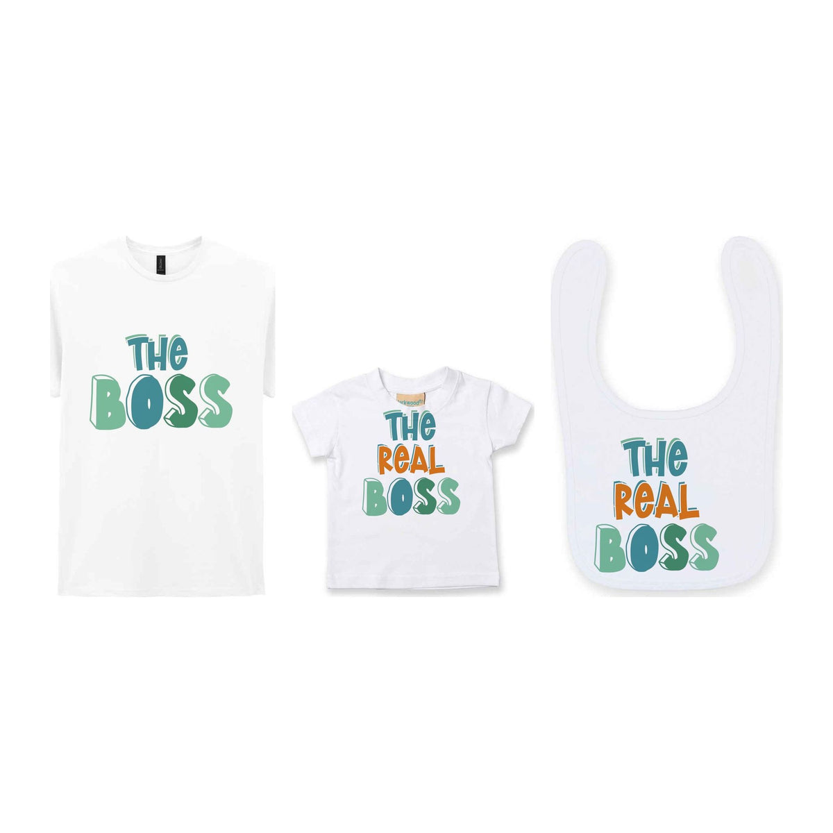 The Boss Matching Set with Adult T-Shirt, Baby Tee & Bib – Family Matching Outfits in White