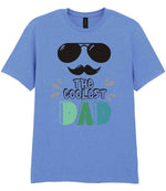 Dad piece of the The Coolest Matching Set Dad and Kid T-Shirts with Sunglasses and Mustache Designs in Carolina Blue