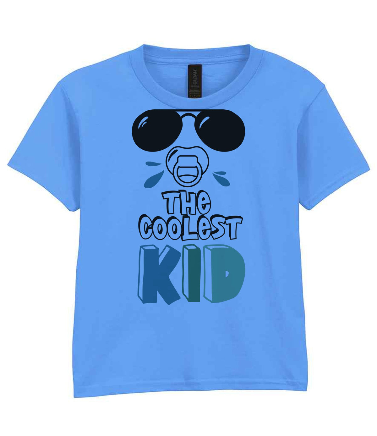 Kid piece of the The Coolest Matching Set Dad and Kid T-Shirts with Sunglasses and Mustache Designs in Carolina Blue