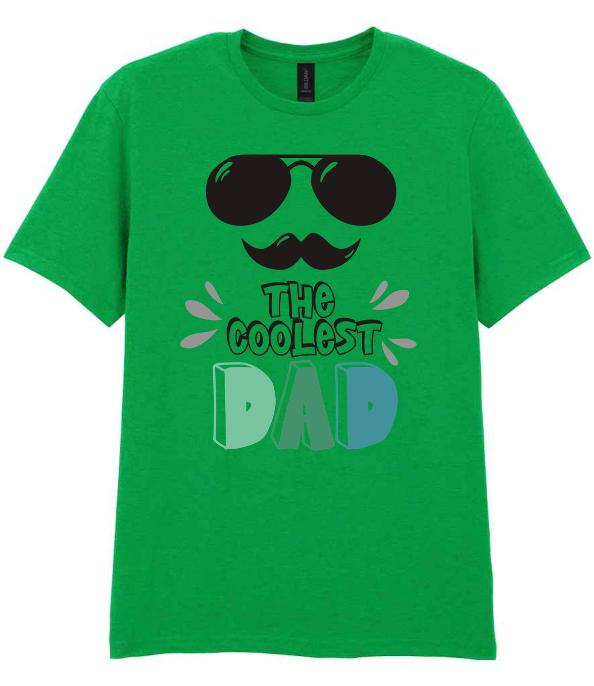 Dad piece of the The Coolest Matching Set Dad and Kid T-Shirts with Sunglasses and Mustache Designs in Irish Green