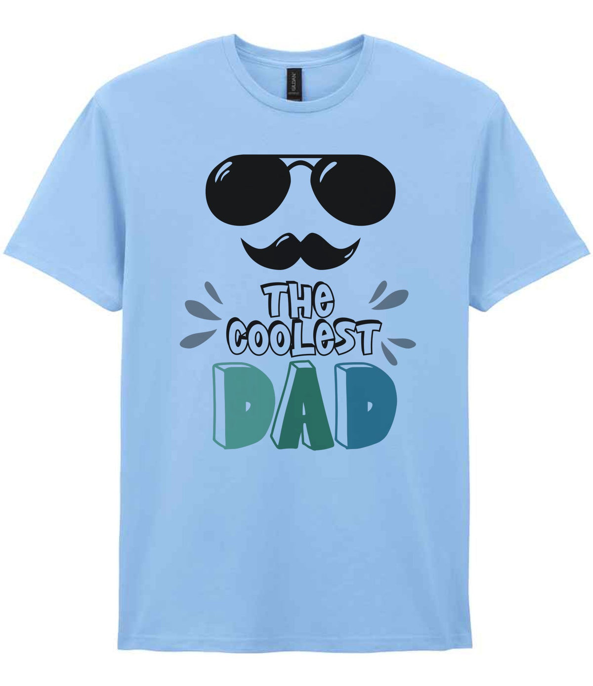 Dad piece of the The Coolest Matching Set Dad and Kid T-Shirts with Sunglasses and Mustache Designs in Light Blue