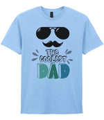 Dad piece of the The Coolest Matching Set Dad and Kid T-Shirts with Sunglasses and Mustache Designs in Light Blue