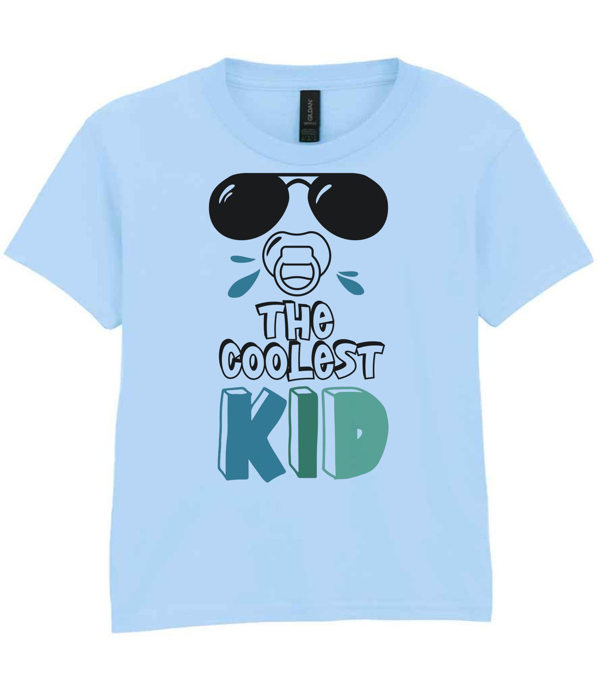 Kid piece of the The Coolest Matching Set Dad and Kid T-Shirts with Sunglasses and Mustache Designs in Light Blue