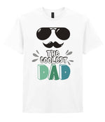 Dad piece of the The Coolest Matching Set Dad and Kid T-Shirts with Sunglasses and Mustache Designs in White