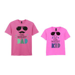 The Coolest Matching Set Dad and Kid T-Shirts with Sunglasses and Mustache Designs in Azalea