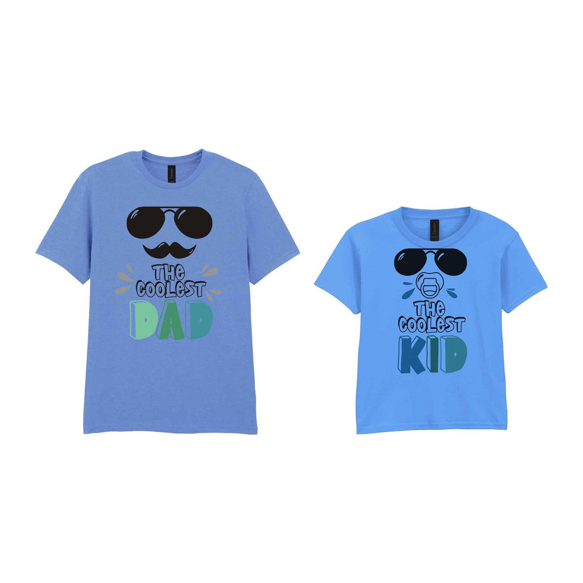 The Coolest Matching Set Dad and Kid T-Shirts with Sunglasses and Mustache Designs in Carolina Blue