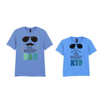 The Coolest Matching Set Dad and Kid T-Shirts with Sunglasses and Mustache Designs in Carolina Blue