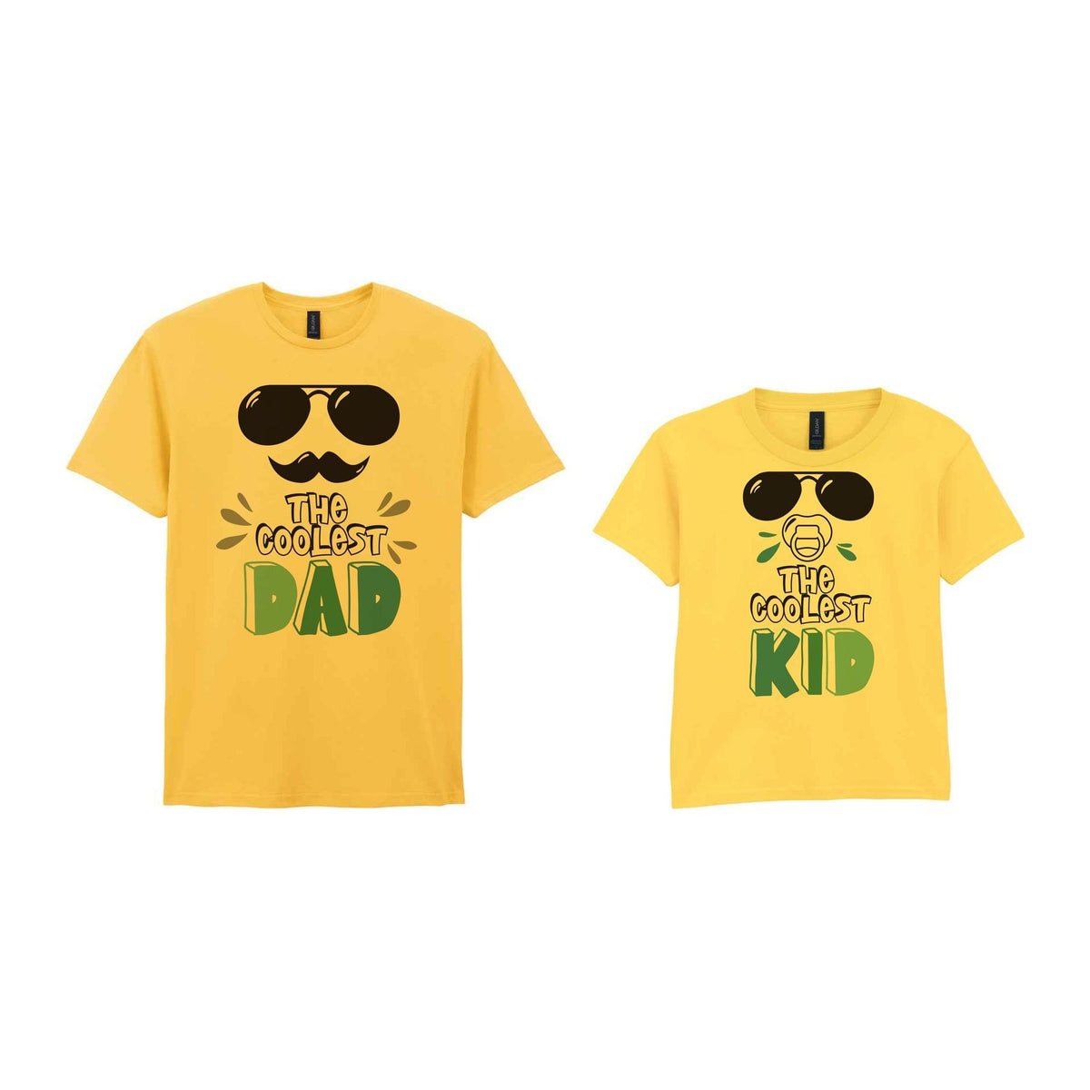 The Coolest Matching Set Dad and Kid T-Shirts with Sunglasses and Mustache Designs in Daisy