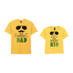 The Coolest Matching Set Dad and Kid T-Shirts with Sunglasses and Mustache Designs in Daisy