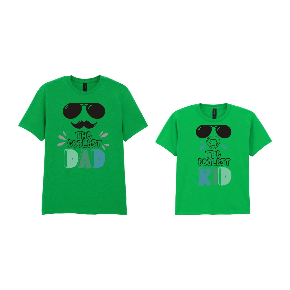 The Coolest Matching Set Dad and Kid T-Shirts with Sunglasses and Mustache Designs in Irish Green