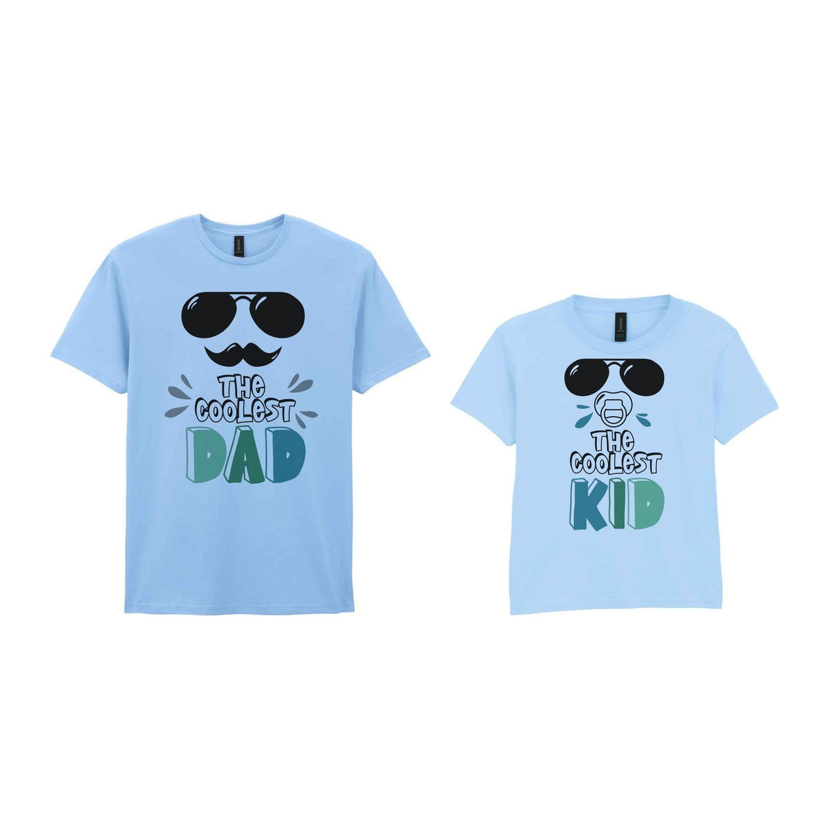 The Coolest Matching Set Dad and Kid T-Shirts with Sunglasses and Mustache Designs in Light Blue