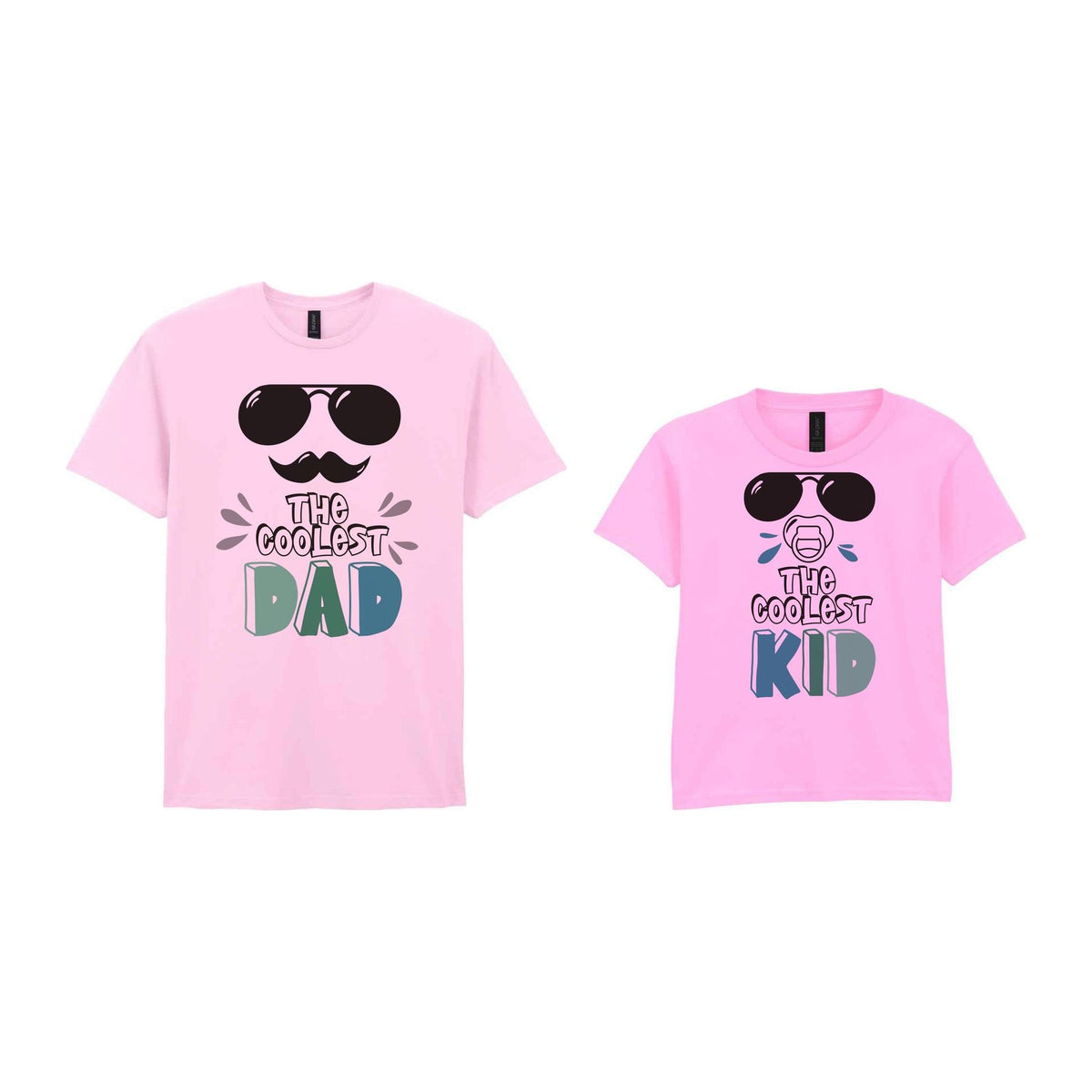 The Coolest Matching Set Dad and Kid T-Shirts with Sunglasses and Mustache Designs in Light Pink