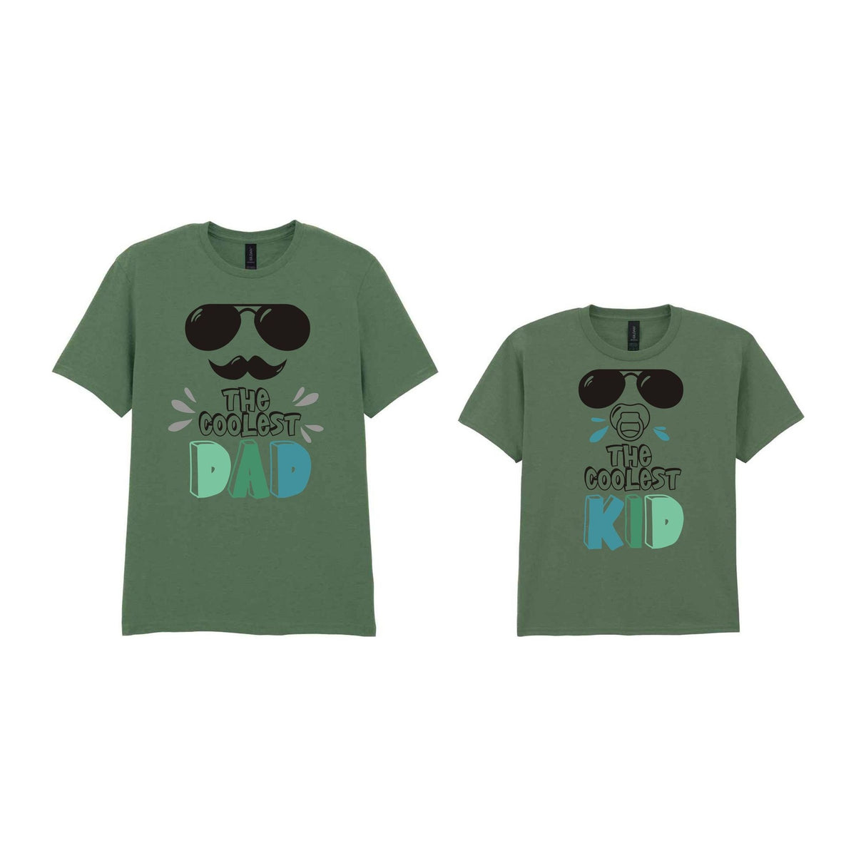 The Coolest Matching Set Dad and Kid T-Shirts with Sunglasses and Mustache Designs in Military Green