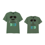 The Coolest Matching Set Dad and Kid T-Shirts with Sunglasses and Mustache Designs in Military Green