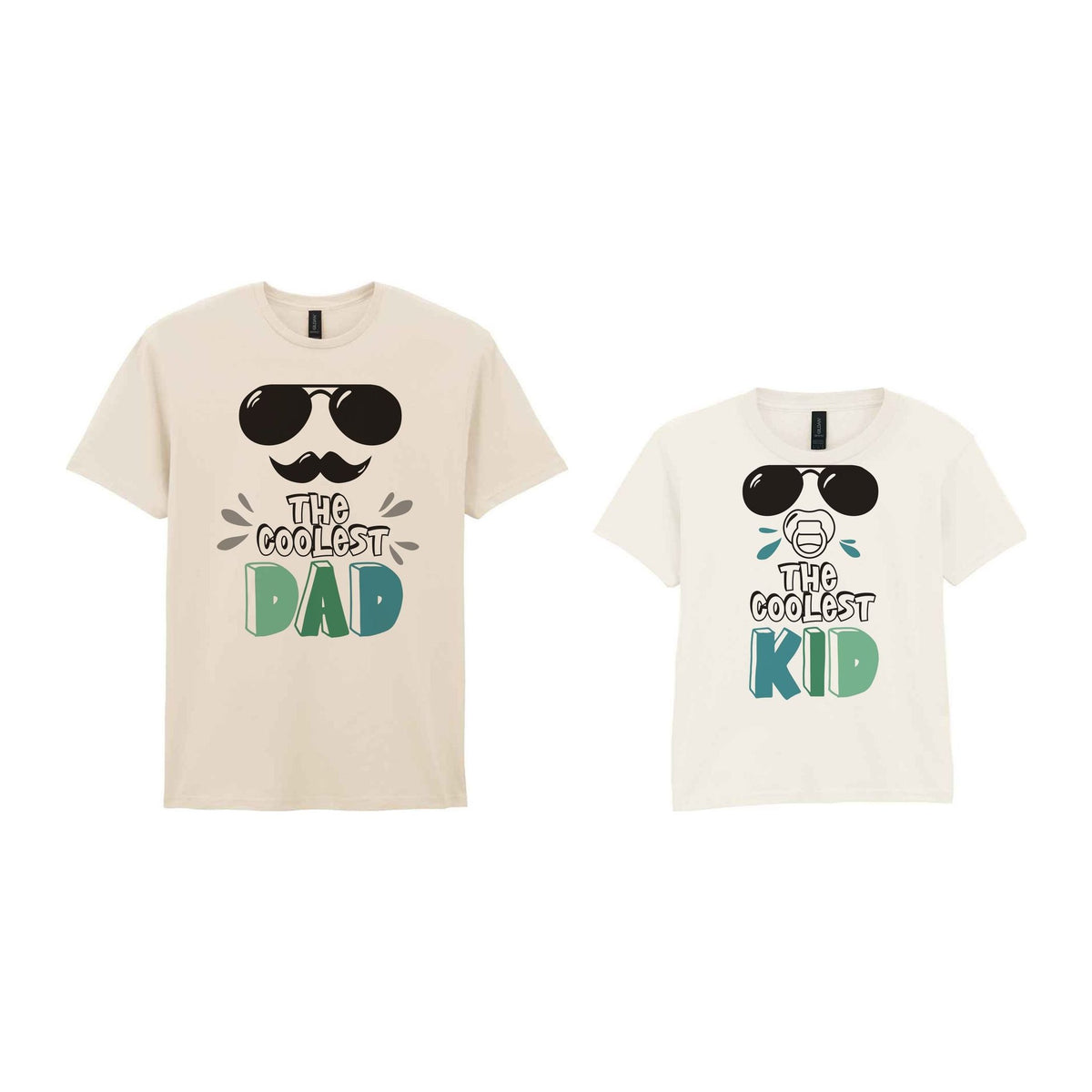 The Coolest Matching Set Dad and Kid T-Shirts with Sunglasses and Mustache Designs in Natural