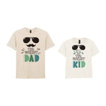 The Coolest Matching Set Dad and Kid T-Shirts with Sunglasses and Mustache Designs in Natural