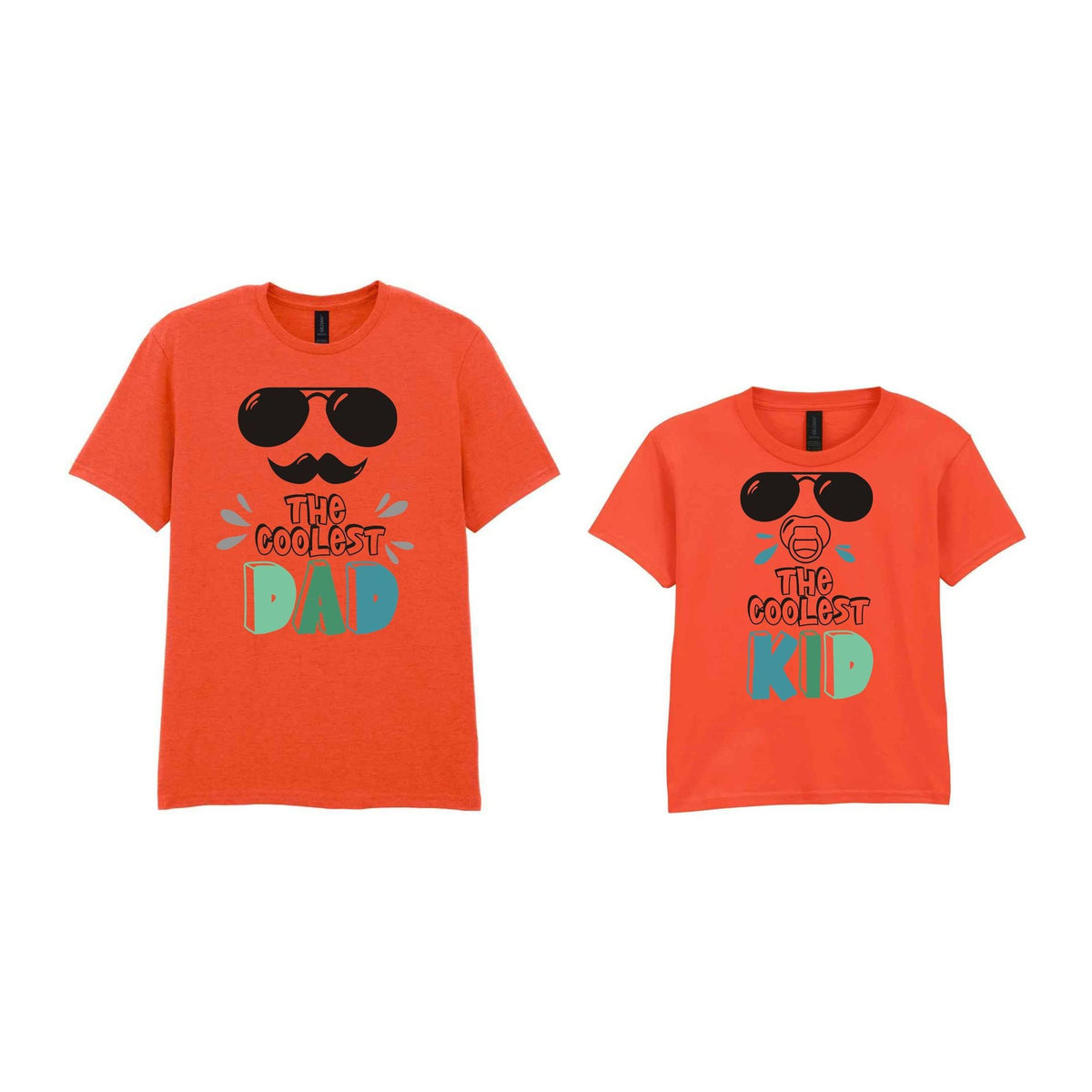 The Coolest Matching Set Dad and Kid T-Shirts with Sunglasses and Mustache Designs in Orange