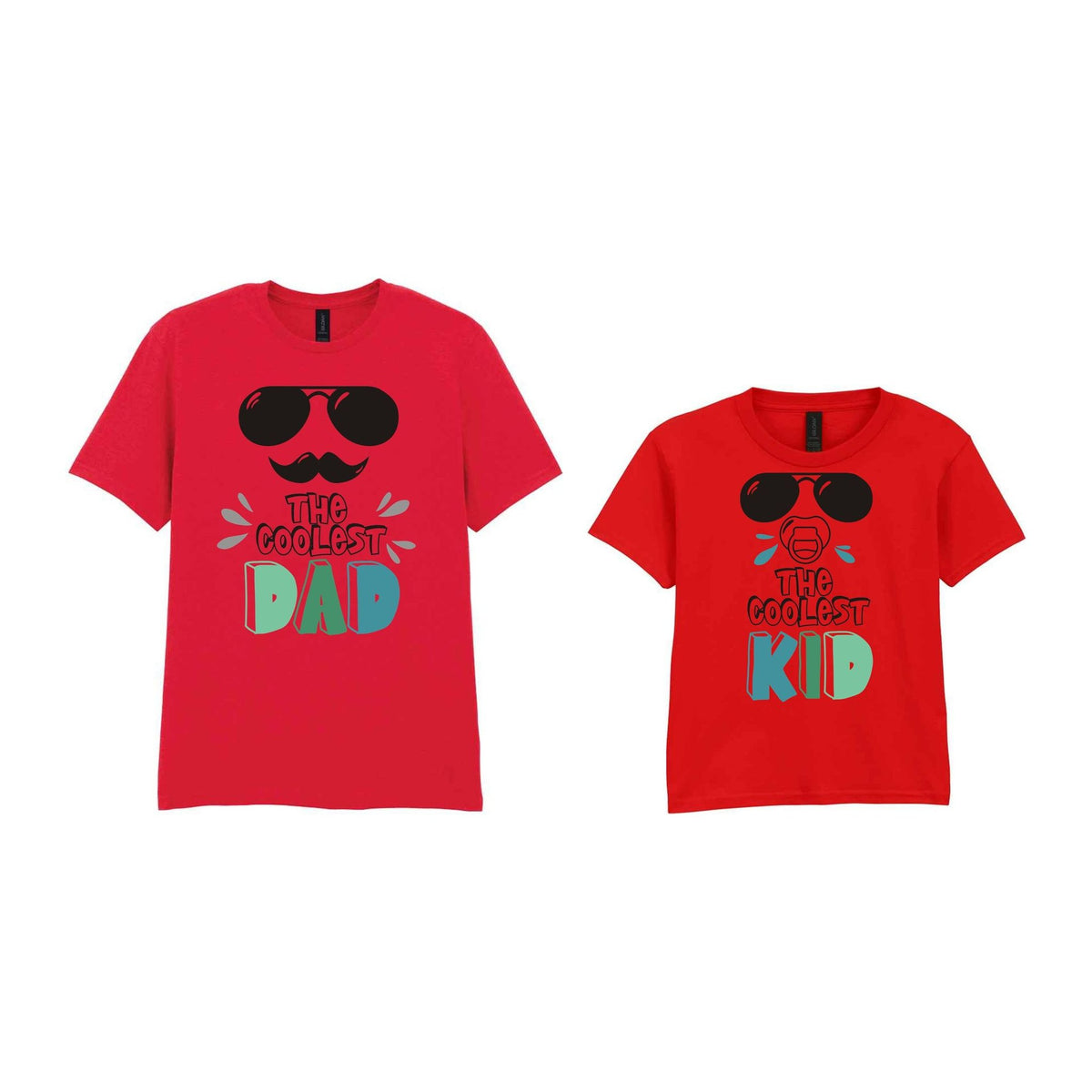 The Coolest Matching Set Dad and Kid T-Shirts with Sunglasses and Mustache Designs in Red