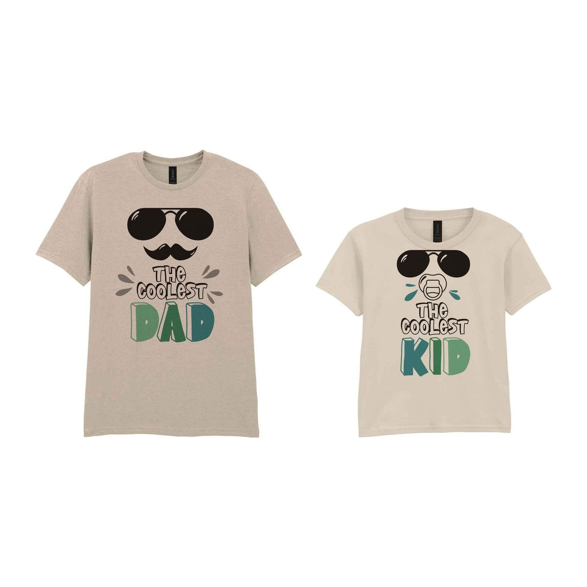 The Coolest Matching Set Dad and Kid T-Shirts with Sunglasses and Mustache Designs in Sand