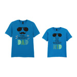 The Coolest Matching Set Dad and Kid T-Shirts with Sunglasses and Mustache Designs in Sapphire Blue
