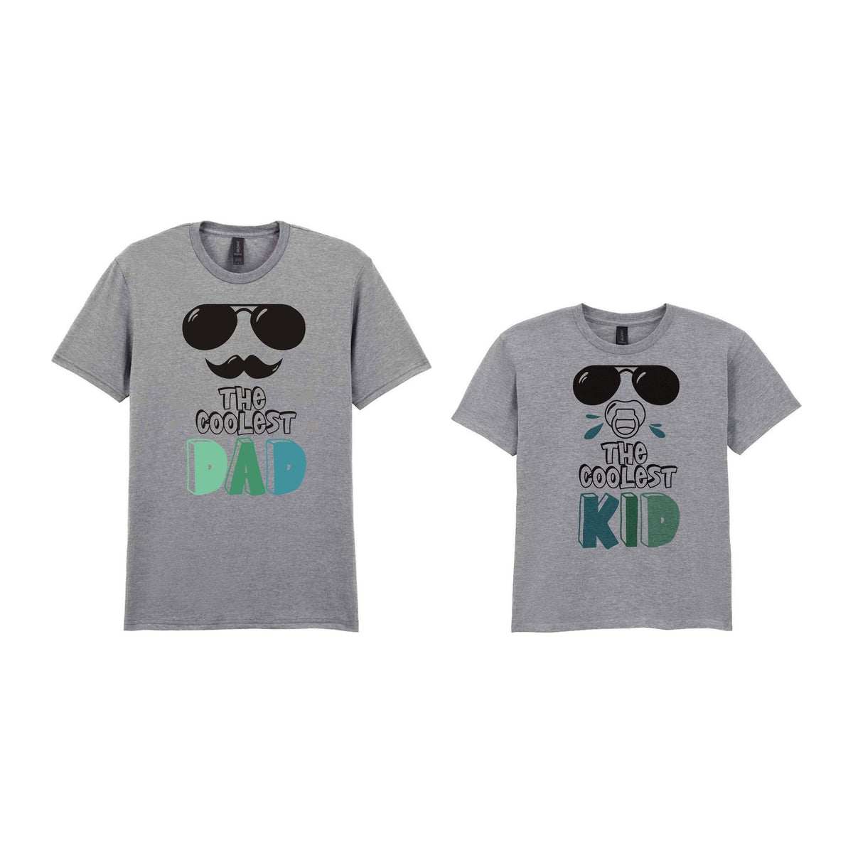 The Coolest Matching Set Dad and Kid T-Shirts with Sunglasses and Mustache Designs in Sport Grey