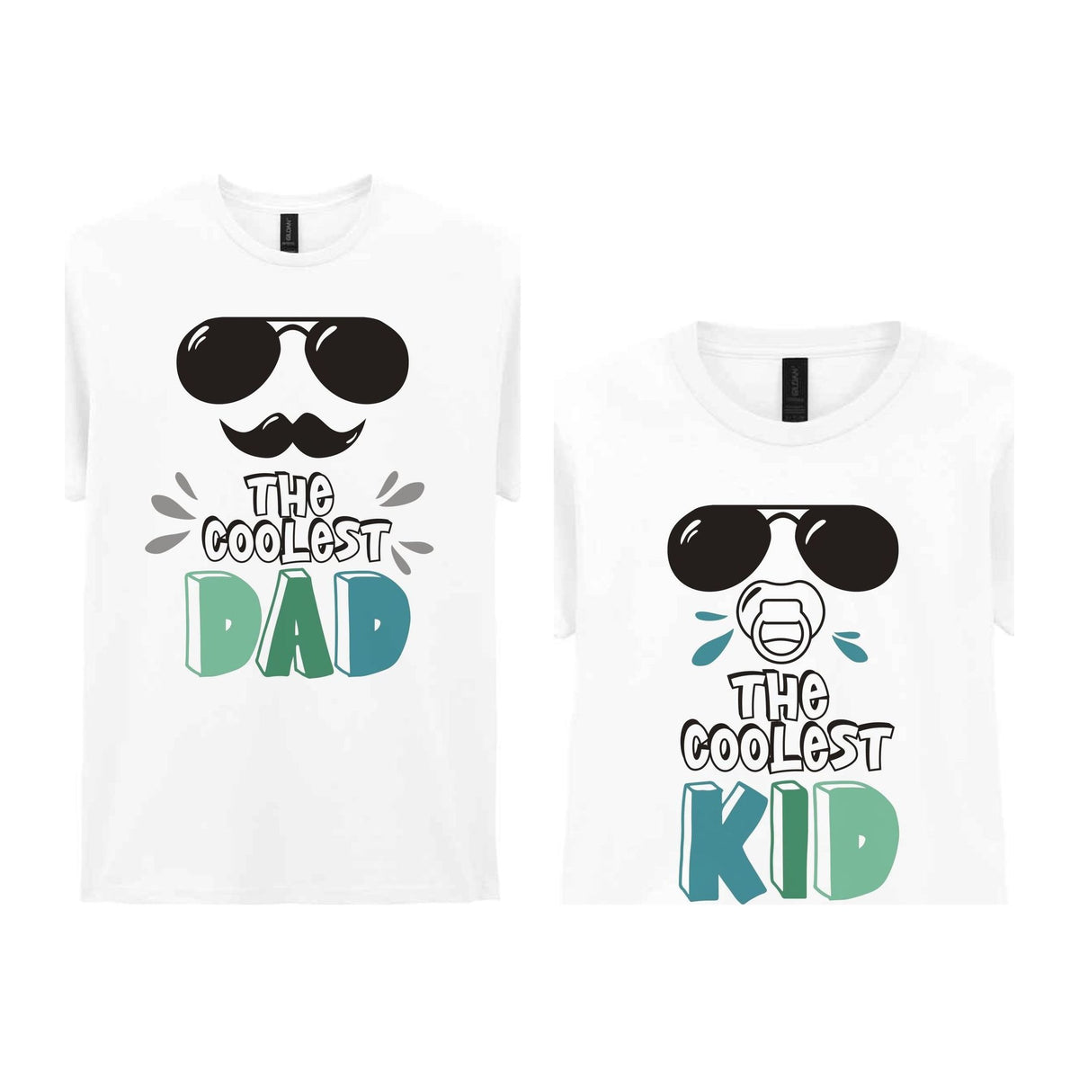 The Coolest Matching Set Dad and Kid T-Shirts with Sunglasses and Mustache Designs in White